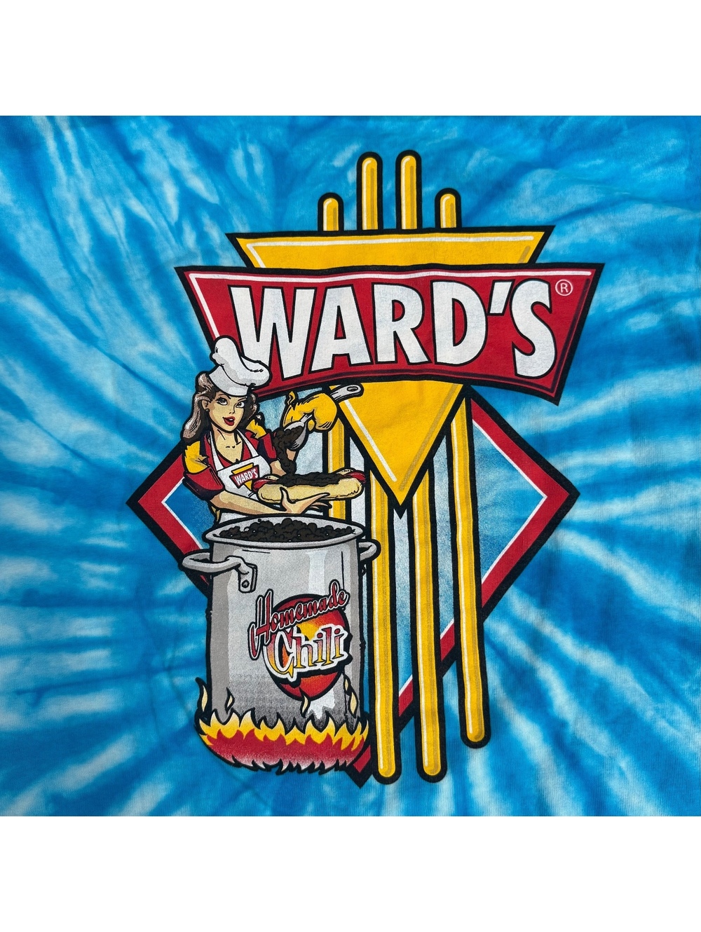 Vintage Ward’s Homemade Chili Tie Dye T Shirt XL Blue Gildan Restaurant Graphic